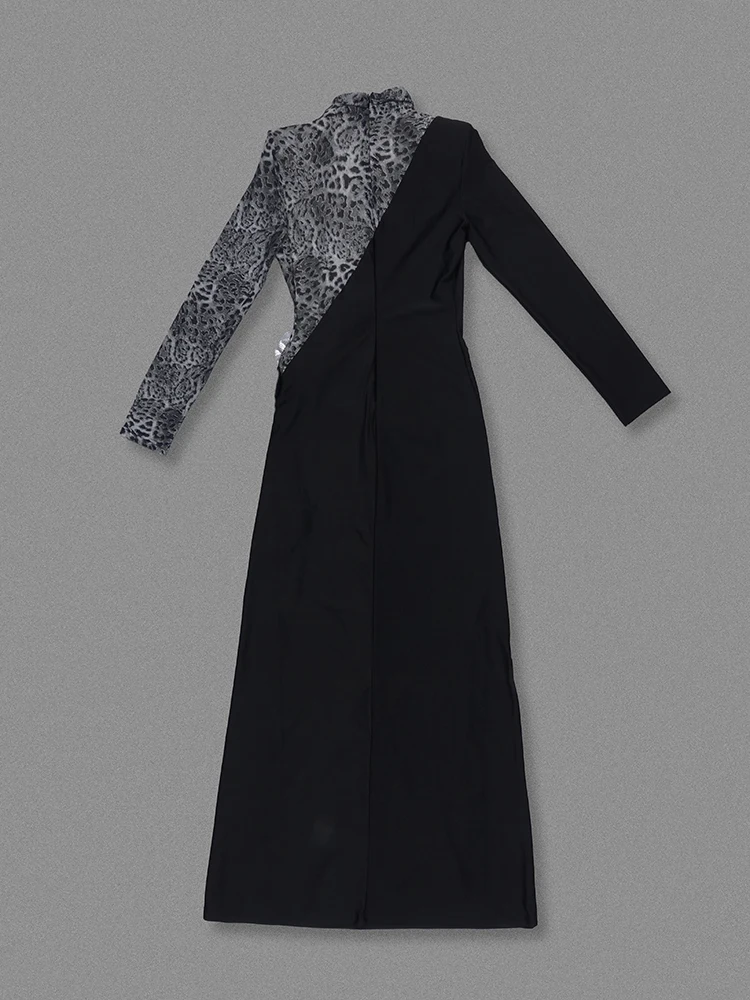 Abito lungo sexy a maniche lunghe con motivo patchwork leopardato Abito lungo da donna con diamanti ritagliati neri Abiti slim Abiti da sera