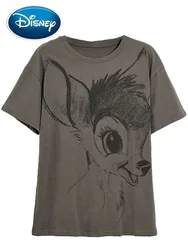 Disney T-Shirt New Harajuku Front Back Bambi Deer Sketch Cartoon Print Casual Women Short Sleeve O-Neck Pullover Tee Tops Female