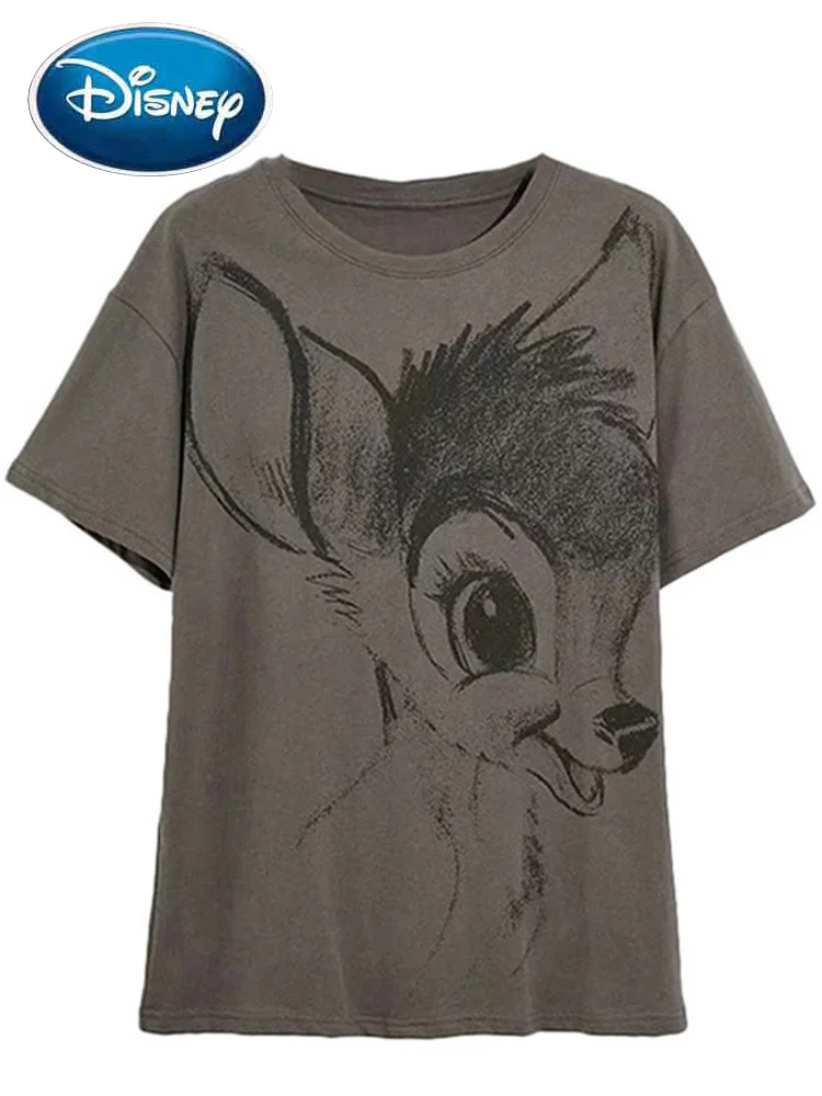 Disney T-Shirt New Harajuku Front Back Bambi Deer Sketch Cartoon Print Casual Women Short Sleeve O-Neck Pullover Tee Tops Female