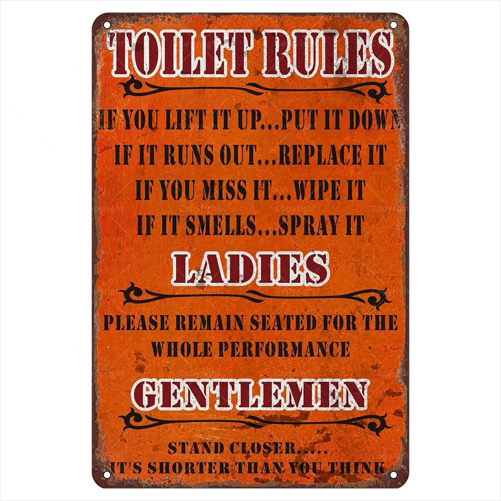 Vintage Tin Sign  - Toilet Rules - Funny Tin Signs Vintage Decor for Bathrooms and Restrooms - Gifts for Homeowners and Guests