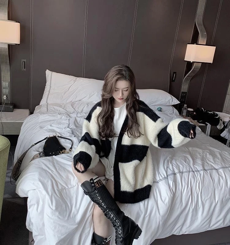 

Женский утепленный полосатый кардиган-пальто в корейском стиле, мягкий, свободный, в стиле lazy, на осень-зиму