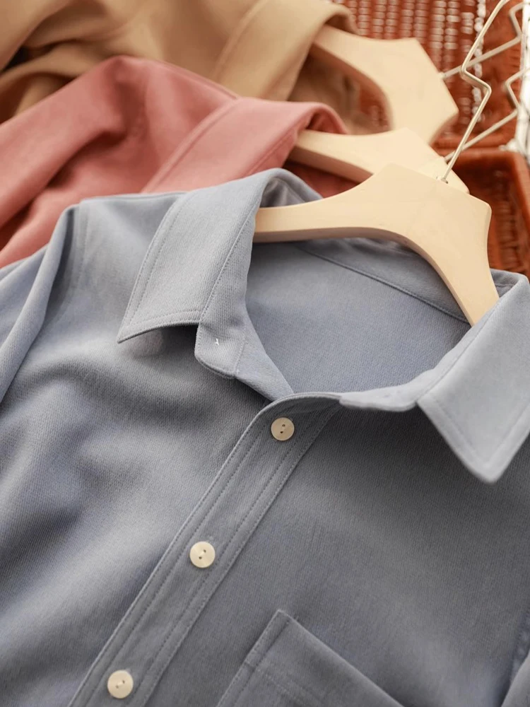 

Розовая флисовая женская рубашка на весну-осень-зиму, утепленная вельветовая базовая рубашка с воротником, длинным рукавом и прямым кроем