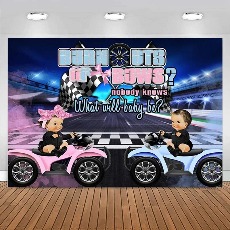 Gender Reveal Backdrop Boy or Girl Pink or Blue Race Car Baby Shower Party Decorations Banner Motorcycle Photography Background