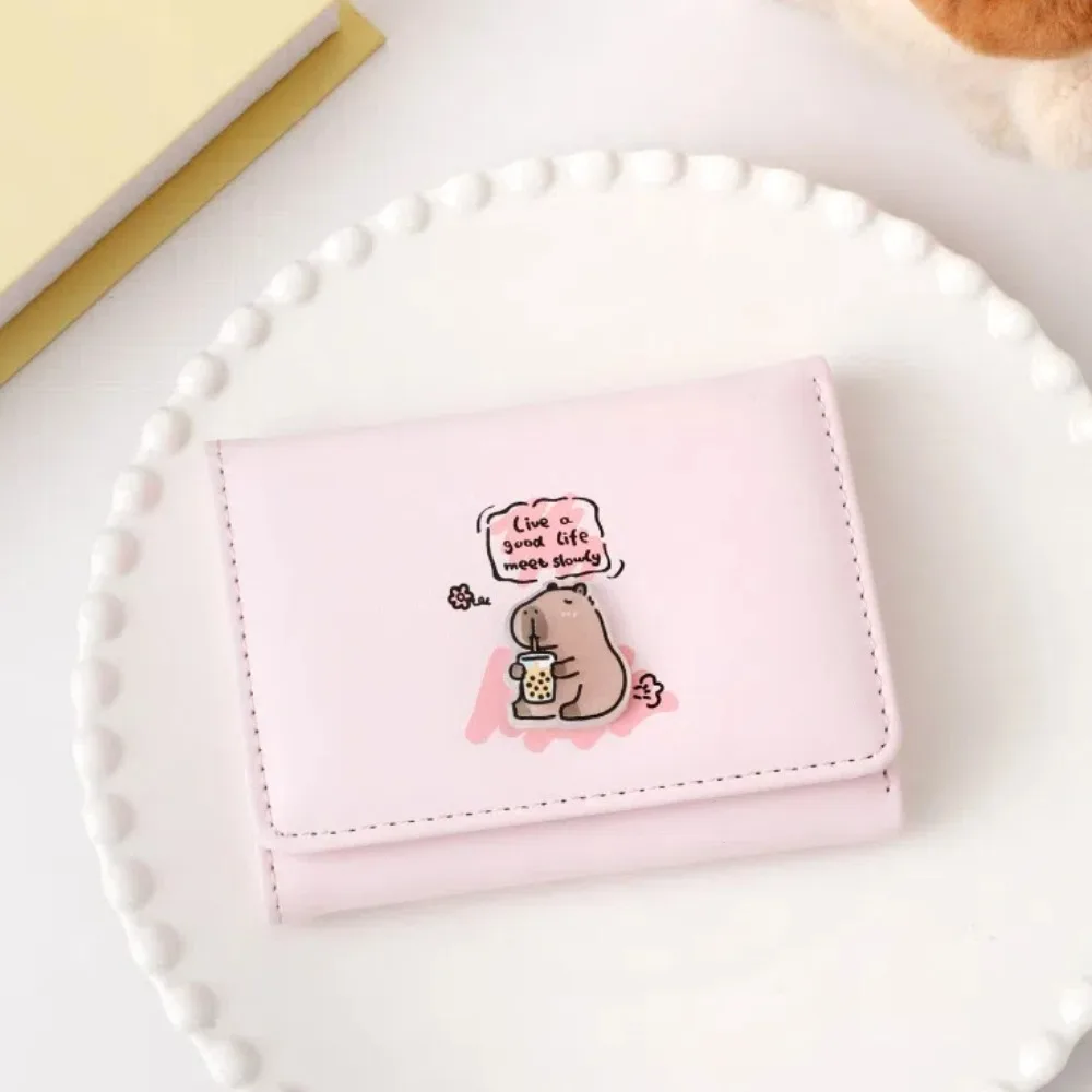 Dompet Capybara lucu tahan air dengan kancing, dompet gaya Korea, dompet banyak tempat kartu, kantung koin kartun, pengait PVC PU, dompet wanita sederhana