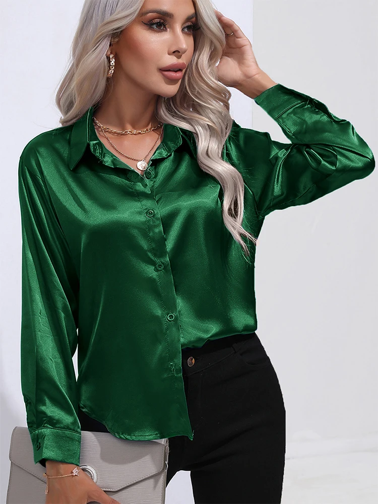 

Autumn Satin Shirts Women Long Sleeve Elegant Solid Female Tops OL Silk Blouses Loose Single Breasted Jumper Camisas De Mujer