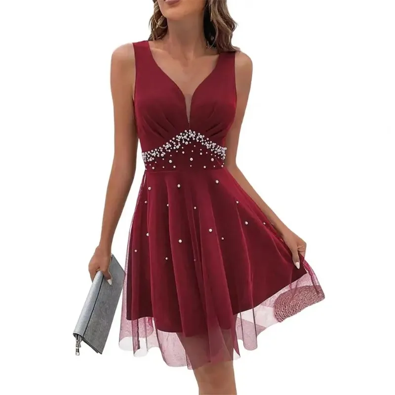 Senhora verão vestido de baile elegante decote em v pérola embelezado a linha vestido de noite com dupla camada de malha sobreposição cintura alta para o verão