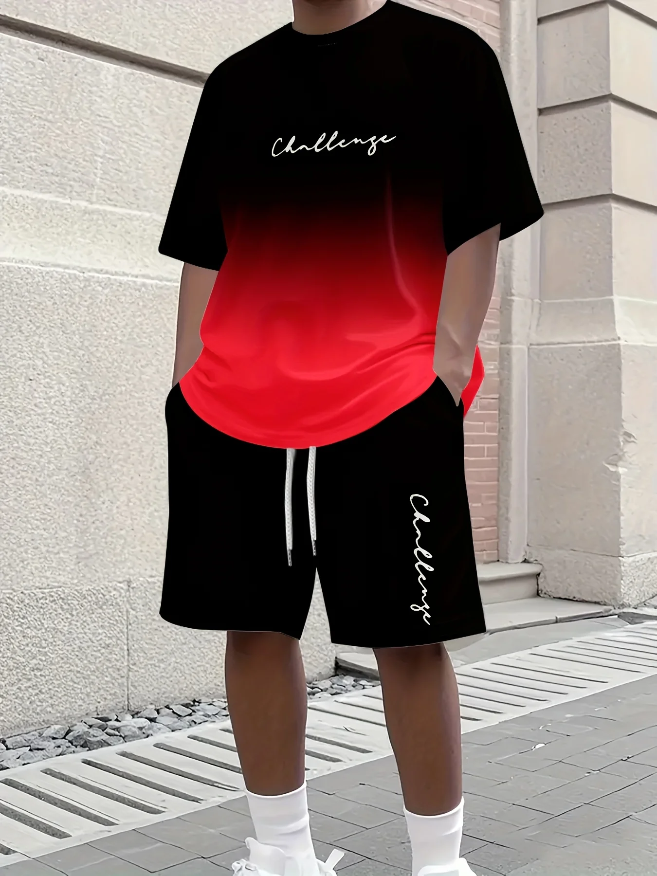 التدرج اللون تي شيرت رياضي السراويل 2 قطعة مجموعة الرجال التجفيف السريع الرياضة قصيرة الأكمام الجانب جيب الرباط السراويل الملابس #4