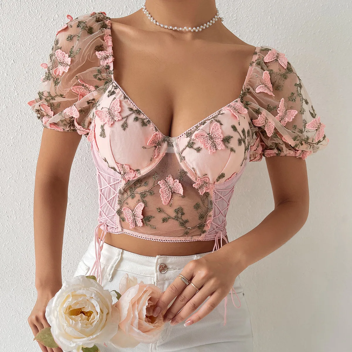 Butterfly Embroidery Bubble Sleeves Tops Corset Vest Slim Summer Sexy Crop Tank Top Women Casual Camisole Streetwear Y2k Clothes