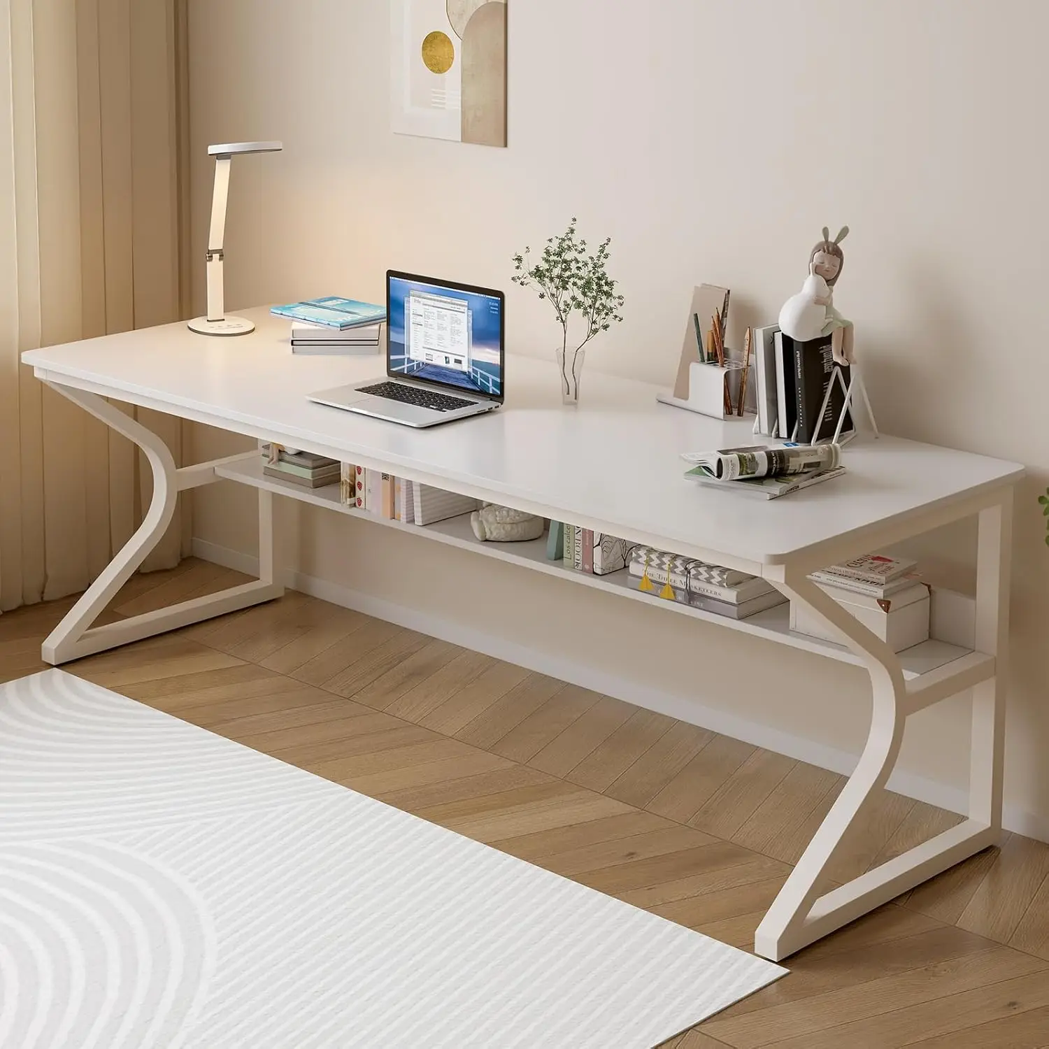 

Long Desk with Bookshelf - 71" Double Long Writing Table for 2-Person Workstation, Modern Study Work Computer Desk for Home