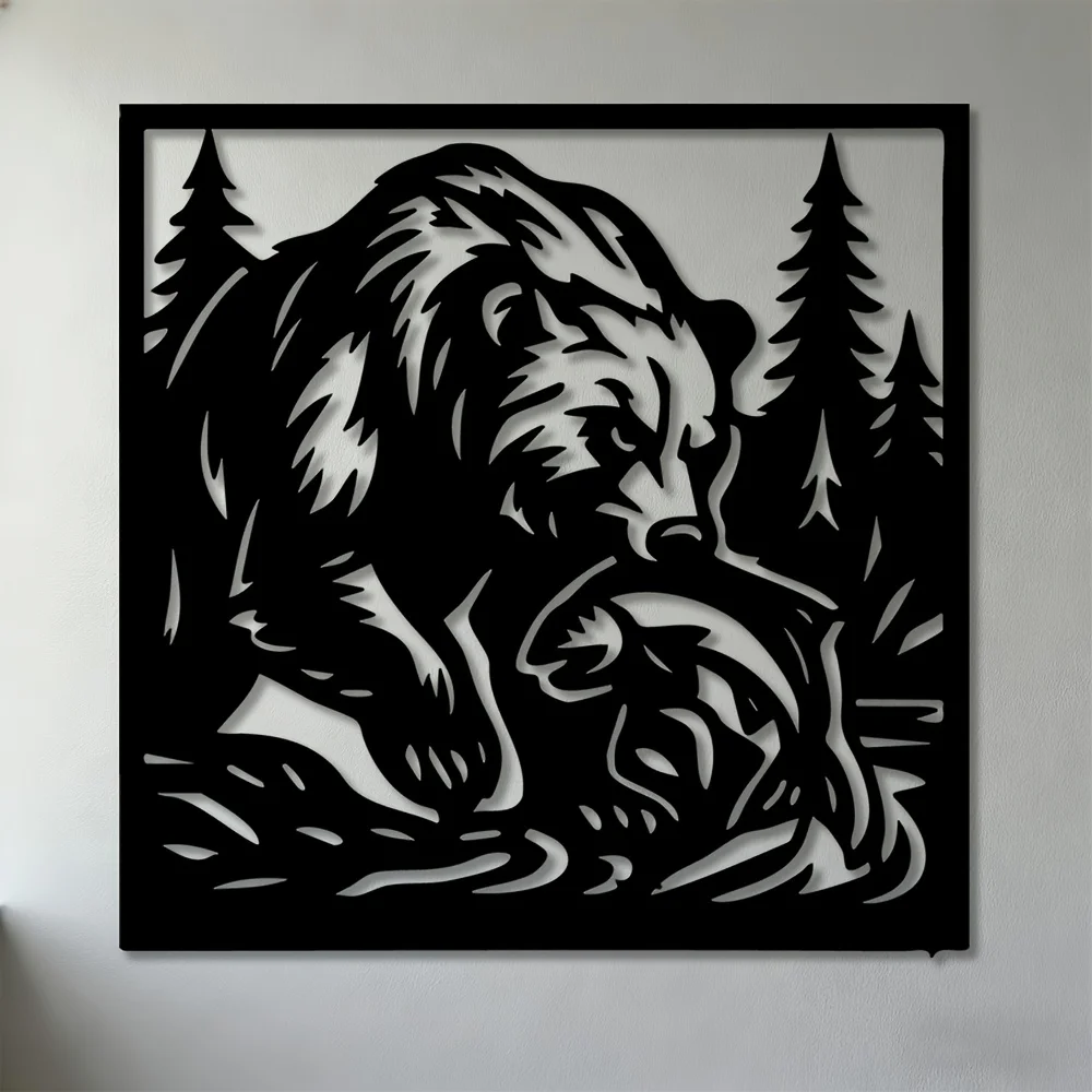 Bear Catching Fish Iron Flat Wall Art Minimalist Living Room Bedroom Office Hanging Decor Ornament Gift Sculpture