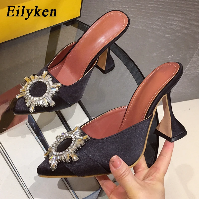 Eilyken Rose Red Silk Satin Pumps Women Pointed Toe Rhinestone Crystal Wedding Slip On Strange Style Heel Mules Shoes