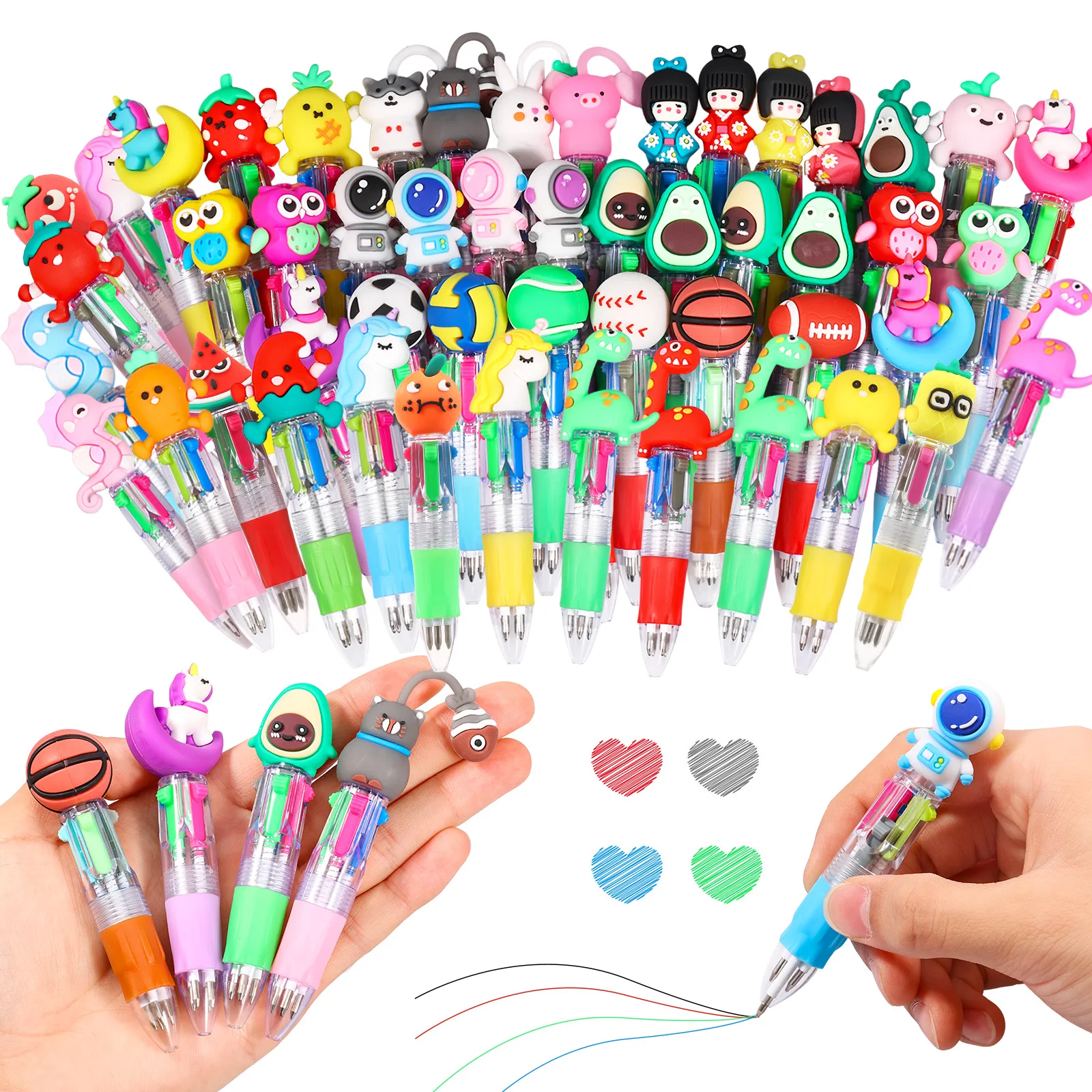 34/60Pcs Retractable Mini Ballpoint Pens Set Cute Cartoon Pens 4 Colors Writing Pens for Stationery Rewards Holiday Giveaways