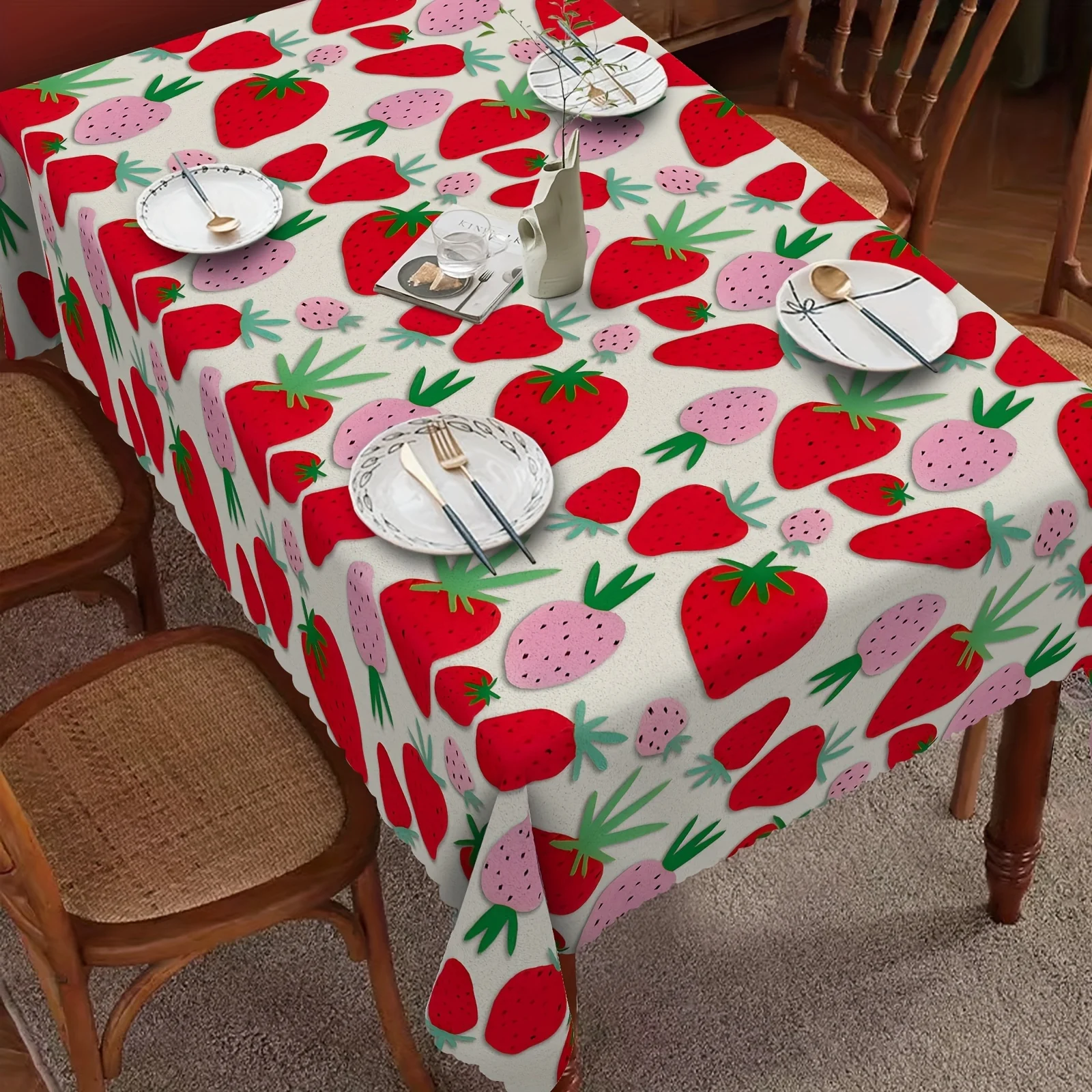 One rectangular tablecloth, summer-themed tablecloth, strawberry tablecloth, vintage tablecloth