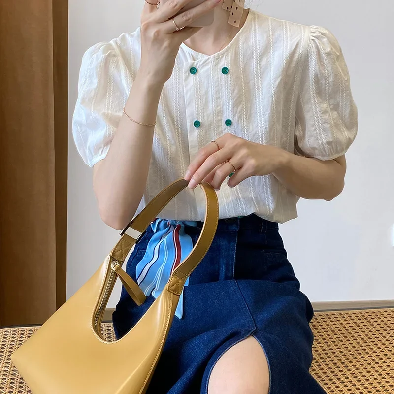Loose Comfort Summer Short Sleeve T-Shirts Women Double Breasted O-Neck Chic Tops Solid Colors Commute Clothing Casual Shirts