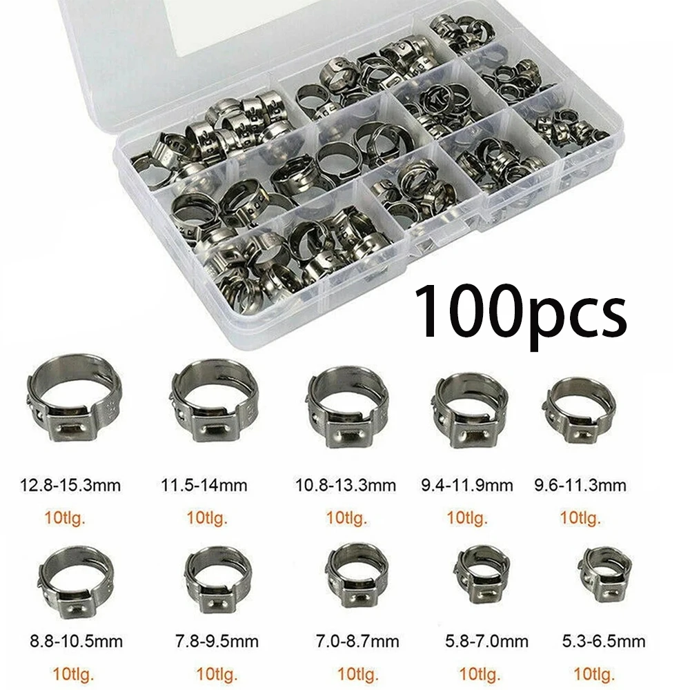 100/130pcs Clamps Single Ear Stepless 5.3-21mm 304 Stainless Steel Hose Clamps Cinch Clamp Rings For Sealing Kinds Of Hose