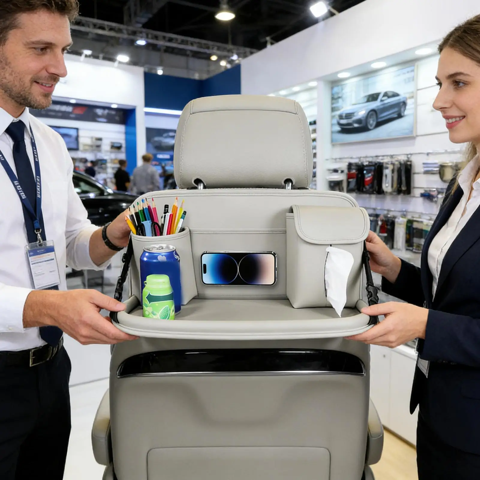 

Backseat Car Organizer Foldable PU Leather Auto Storage Bag Car Table Tray For Vehicle Truck SUV Van Door Road Trip Travel Long