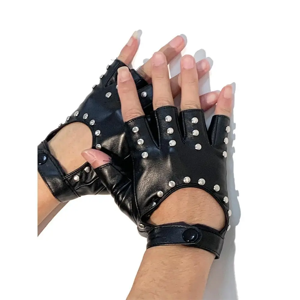 Mujer coreana al aire libre danza Halloween Punk accesorios de moda Pu guantes de cuero guantes sin dedos guantes con remaches