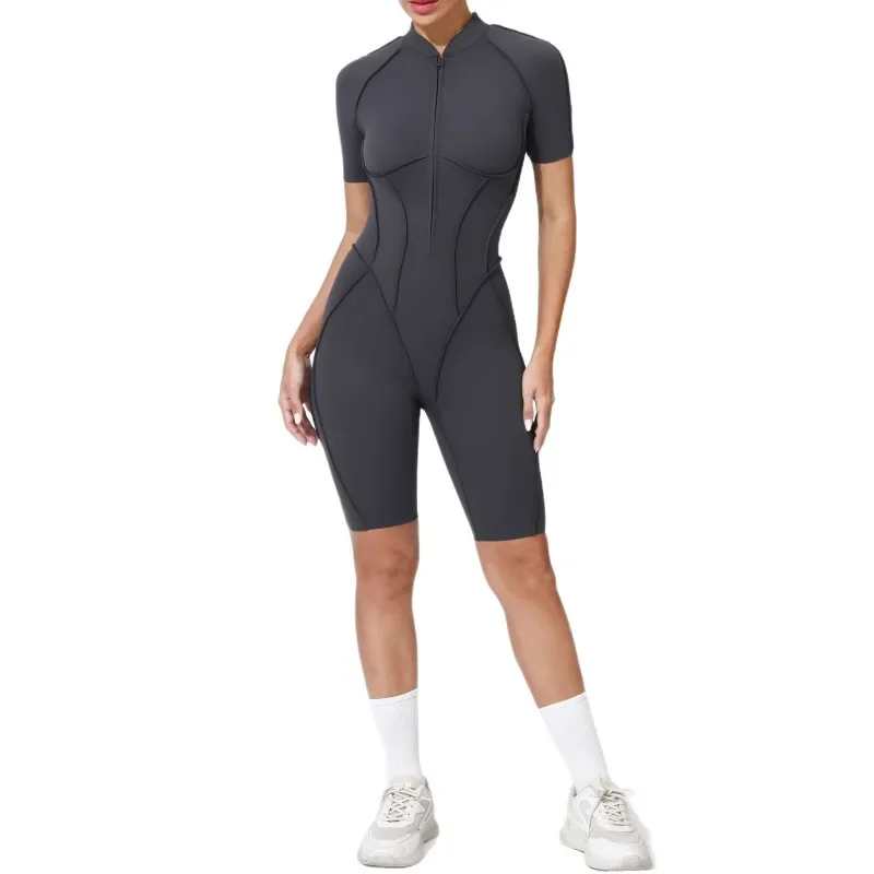 Zipper Short-sleeved Yoga Sports Fitness Jumpsuits Sets Without Chest Pad Tight Bodysuits Shorts Gym Workout Clothes for Women