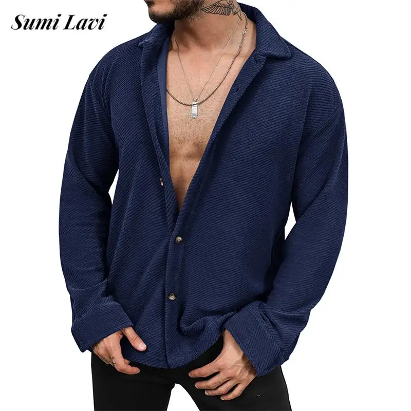 

2024 Fall Daily Casual Mens Corduroy Shirt Tops Long Sleeve Buttoned Lapel Shirts Vintage Men Solid Color Loose Ribbed Cardigans