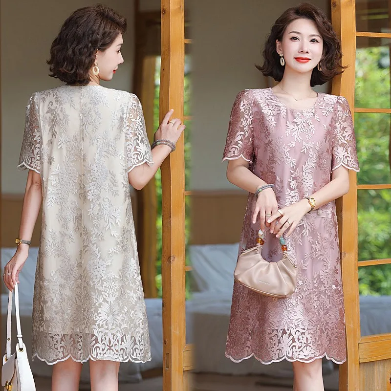 Summer Casual A-line Dress For Women Puff Sleeves Hollow Out Design Mid Length Solid Color Dresses 2024 New Clothing
