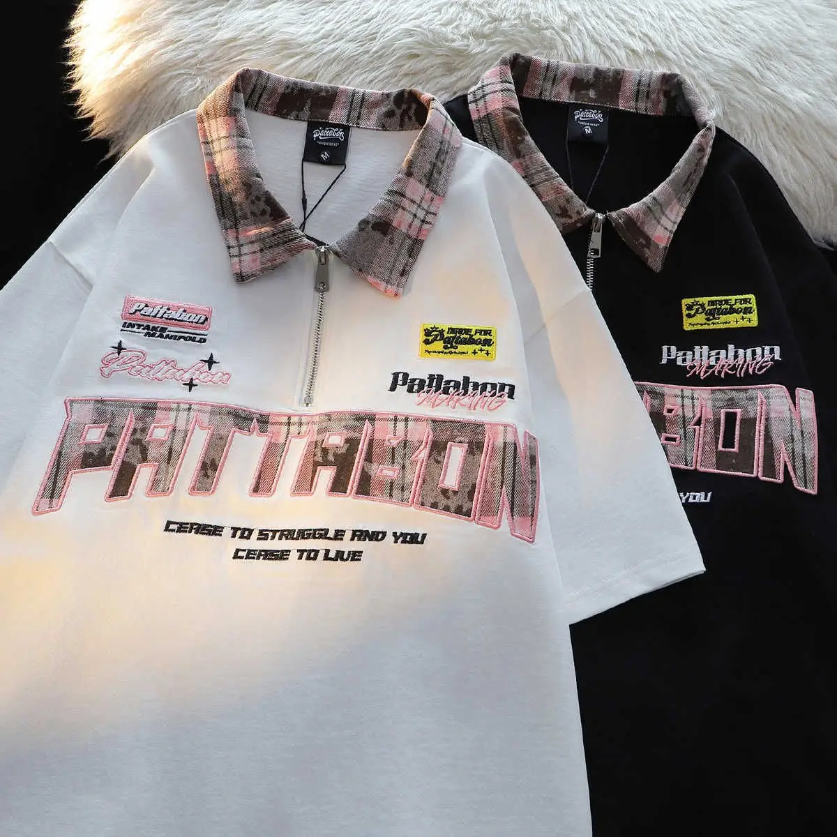 

2025 American Harajuku embroidered letters polo collar half zipper women short-sleeved T-shirt summer loose hiphop men and women