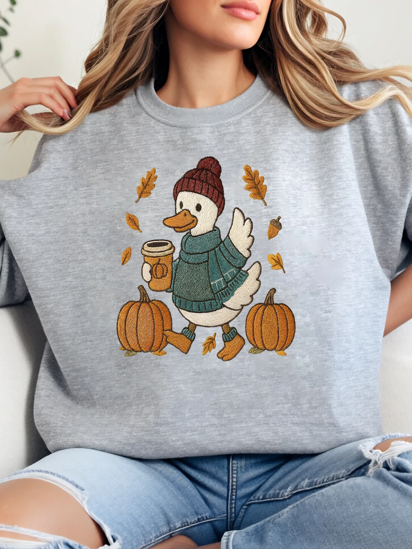 

Осенний осенний свитшот «Утка с тыквой и кофе», женский повседневный наряд, уютная сезонная одежда, серый, больших размеров