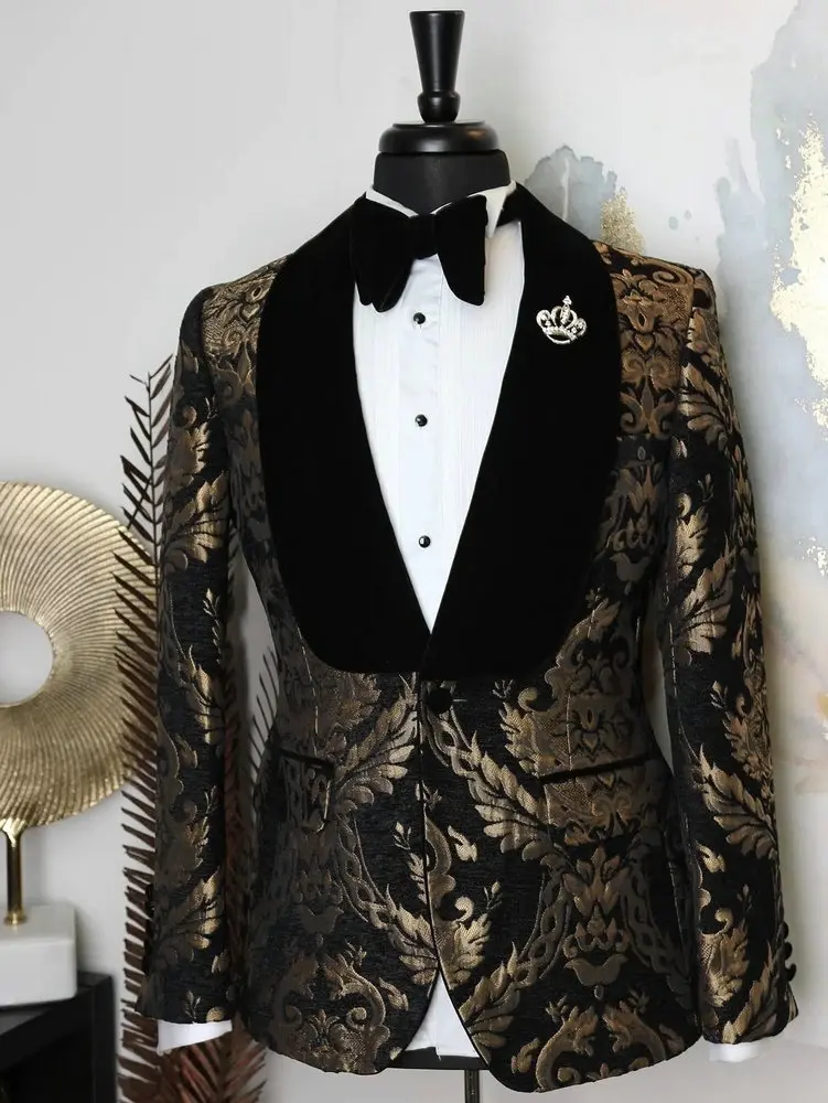 New Elegant 2024 Costume Homme Shawl Lapel Black Jacquard Dinner Party Groom Wear Men Wedding Suits For Men Prom Tuxedo Blazer