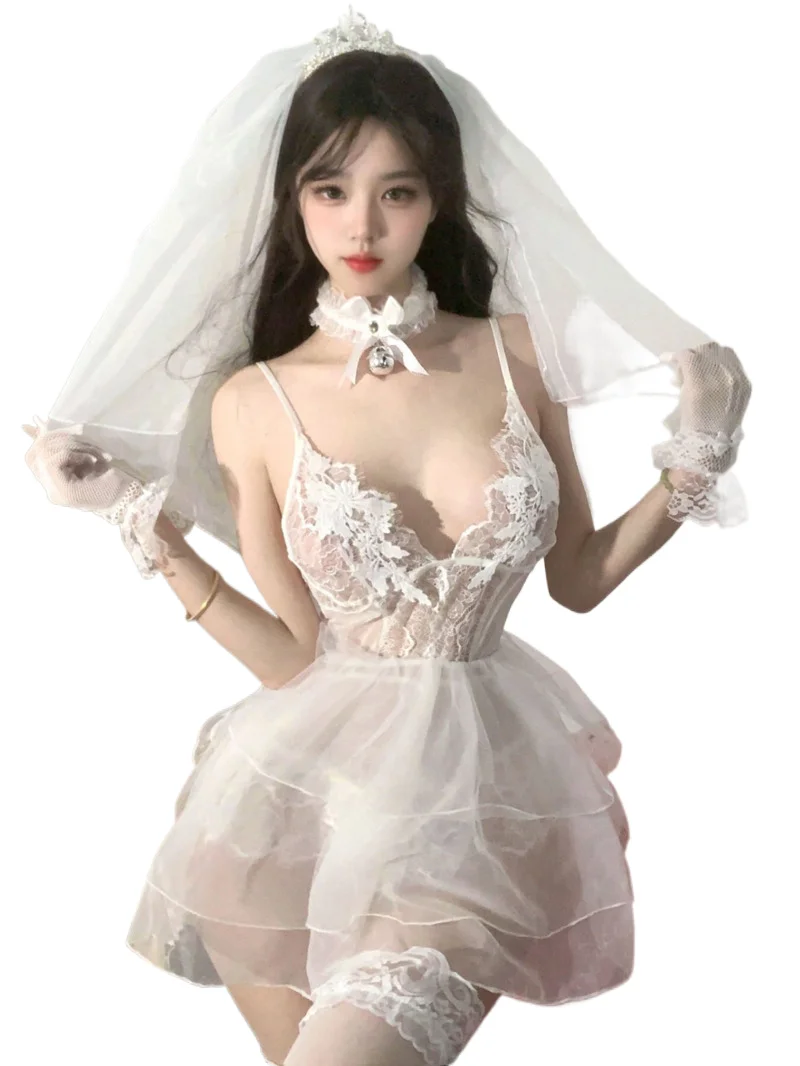 

Cosplay costume anime bride white lace net sensual hollow cute women's pajamas dress elegant fashion sexy sweet women's top
