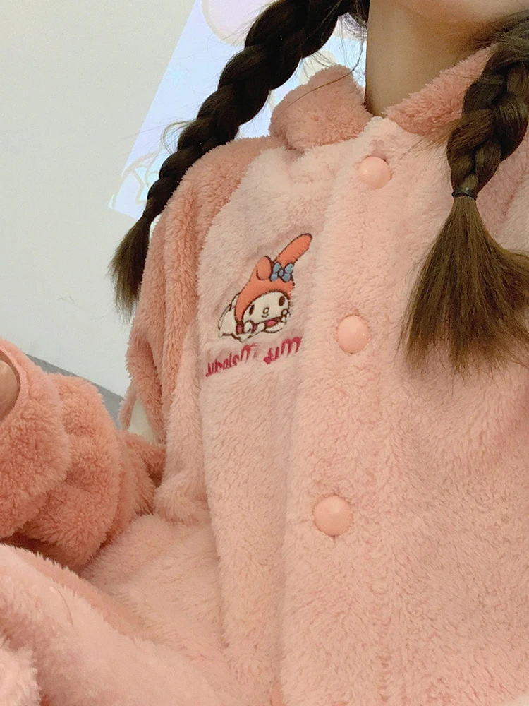 Kawaii Sanrios My Melody Robe Pajamas Cute Cartoon Anime Winter Warm Thick Coral Fleece Sleepwear Homewear Sets Birthday Gift