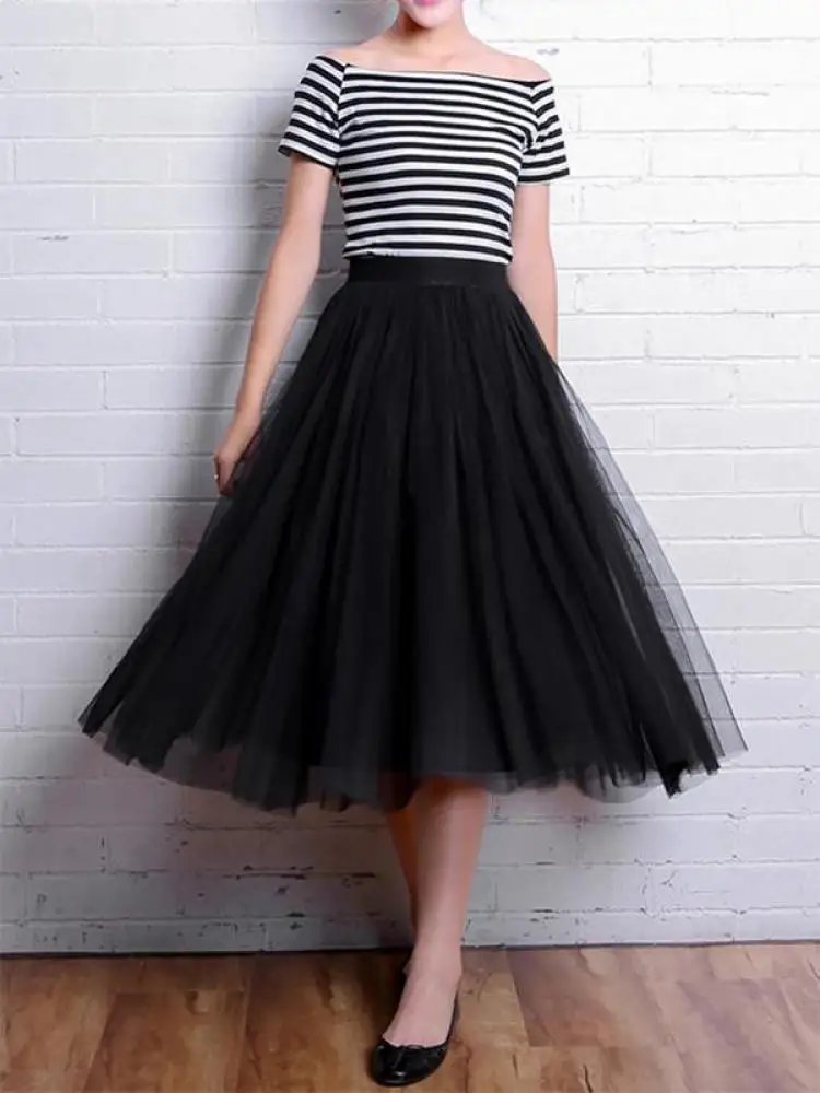 Vintage Tulle Skirt Women Streetwear Elastic High Waist Mesh Pleated Skirts Summer Elegant Korean A Line Office Ladies Skirt New