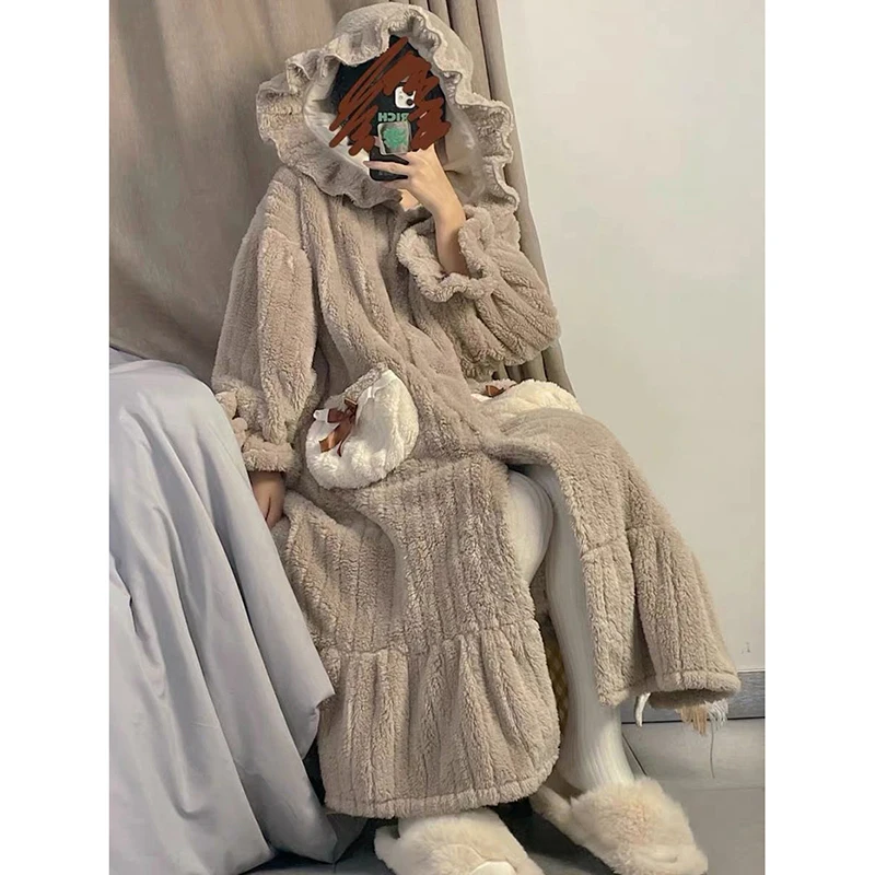 Hooded Robe for Women Button Sleepwear Fleece Night Wears Winter Nightdress Pocket Pajama Nightgown Long Sleeve Warm Homewear