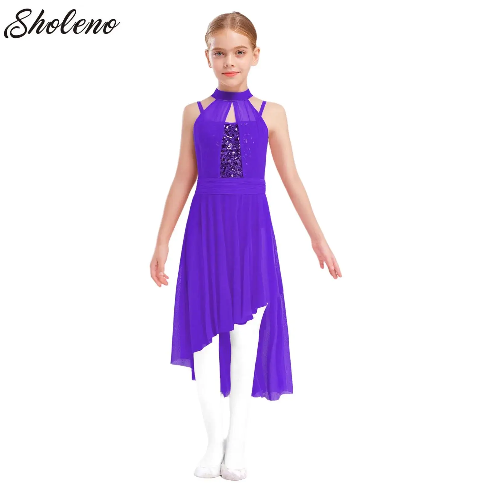 

Girls Modern Lyrical Dance Dress Teen Kids Ruched Chiffon Ballet Dance Leotard Dress Figure Skating Contemporary Stage Costumes