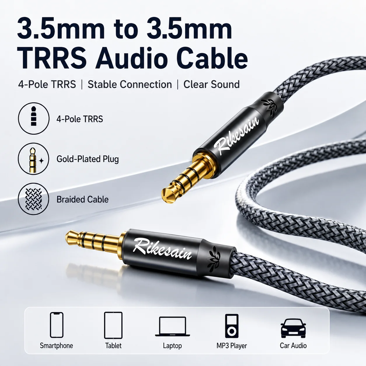 Riksoin 3.5mm Male to Male TRRS AUX Audio Cable Braided 4-Pole Hi-Fi Stereo Cord Shielded Anti-Noise for iPad Samsung Tablet Car