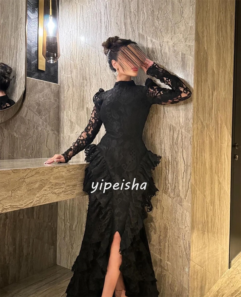 Customized Lace Pleat Clubbing A-line High Collar Bespoke Occasion Gown Long Dresses