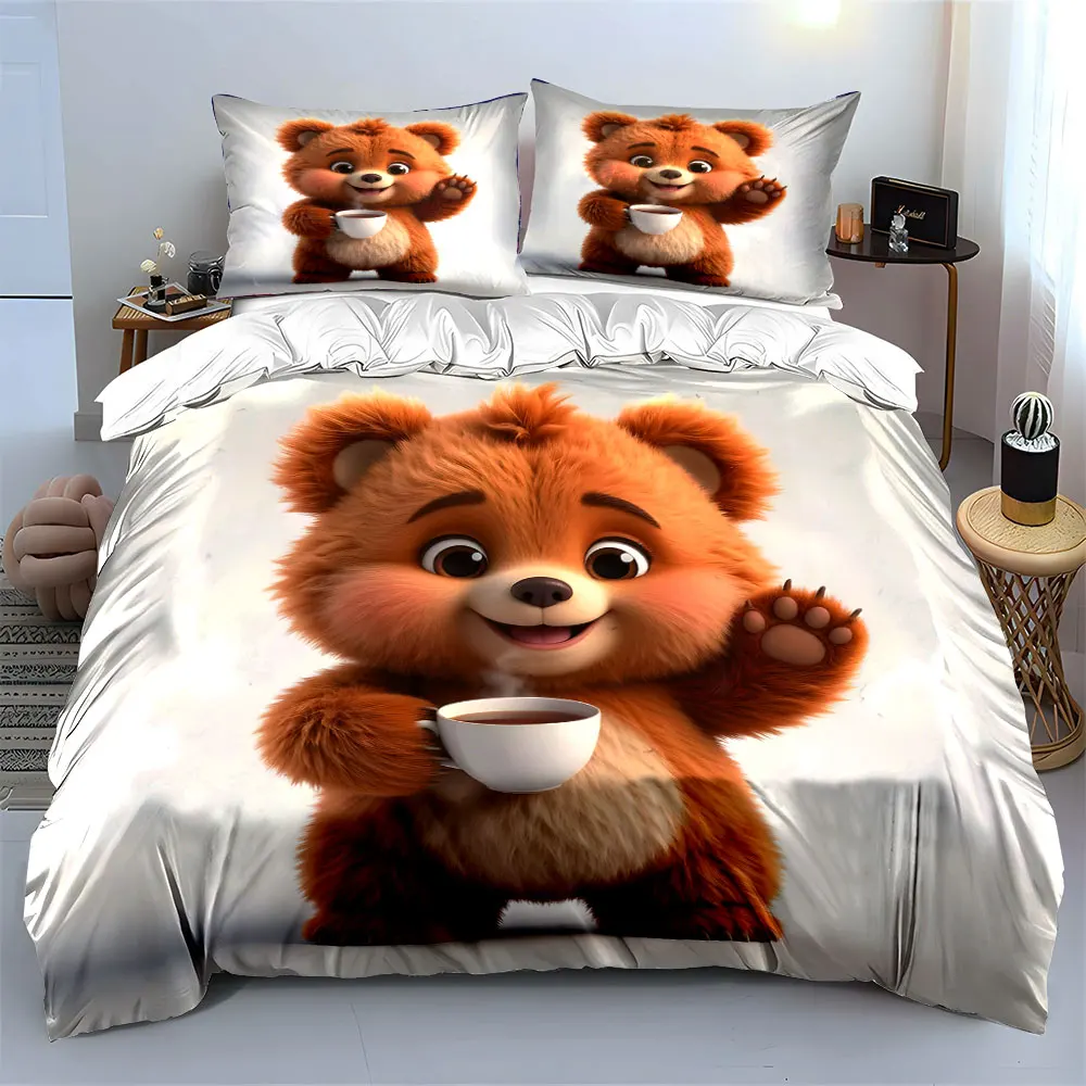 Cute plush animal holding cup Print Bedding Set 1 Duvet Cover 2 Pillowcases for Adult and Children Luxury Gift Full Size 3