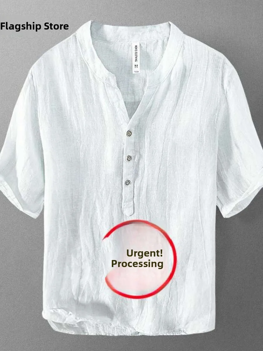 Lin Men ort Sve T-irt Men Summer Loose Thin V-ne Retro Casual f Sve Lin Material Body irt Spring Season Slim...