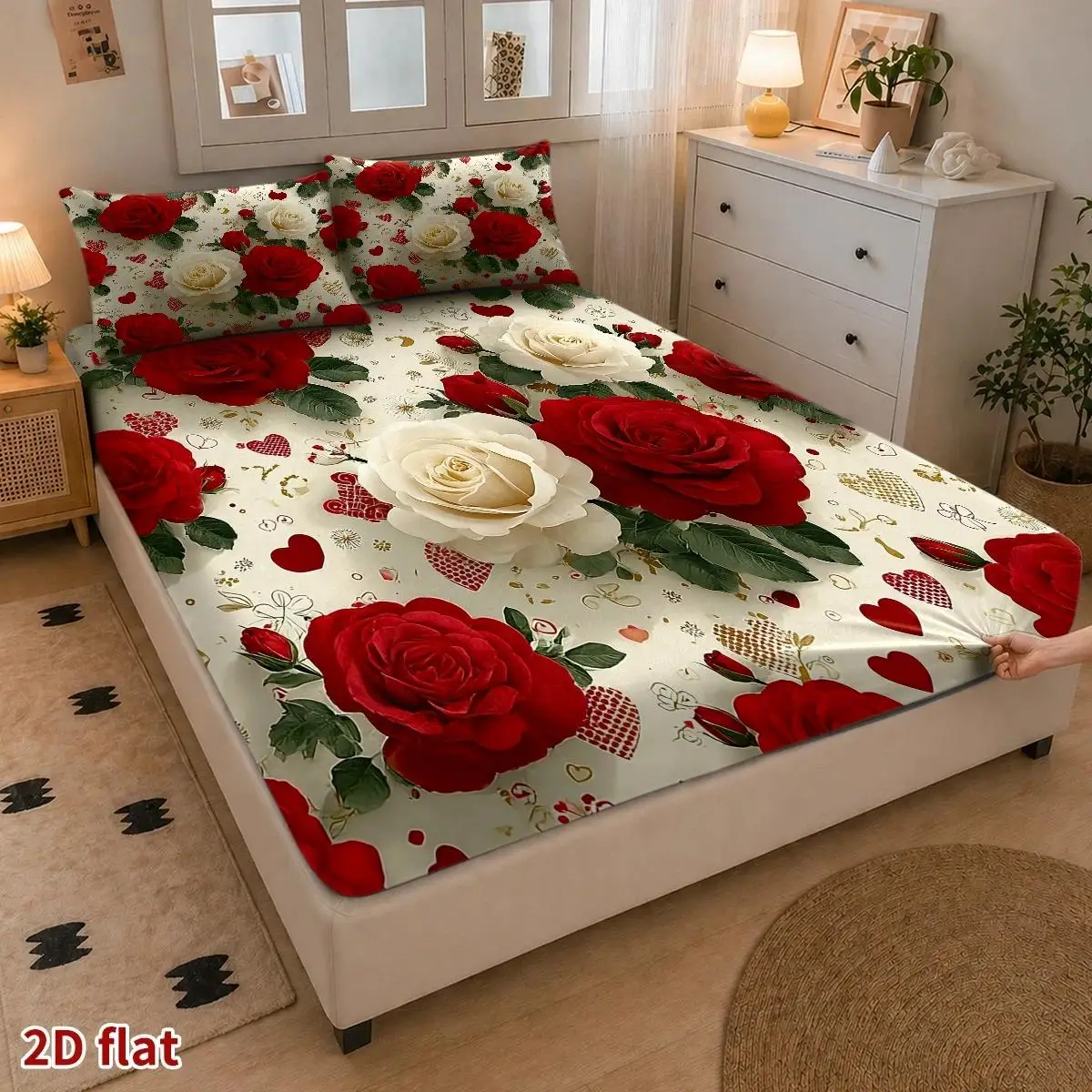 Breathable 3-Piece Mattress Protector Set, 1 Fitted Sheet + 2 Pillowcases (Without Filling) Mattress Protector Fitted Sheet with Pillowcases 2D Flat Printing, Red Rose Heart Theme, Romantic Art Style, Valentine's Day