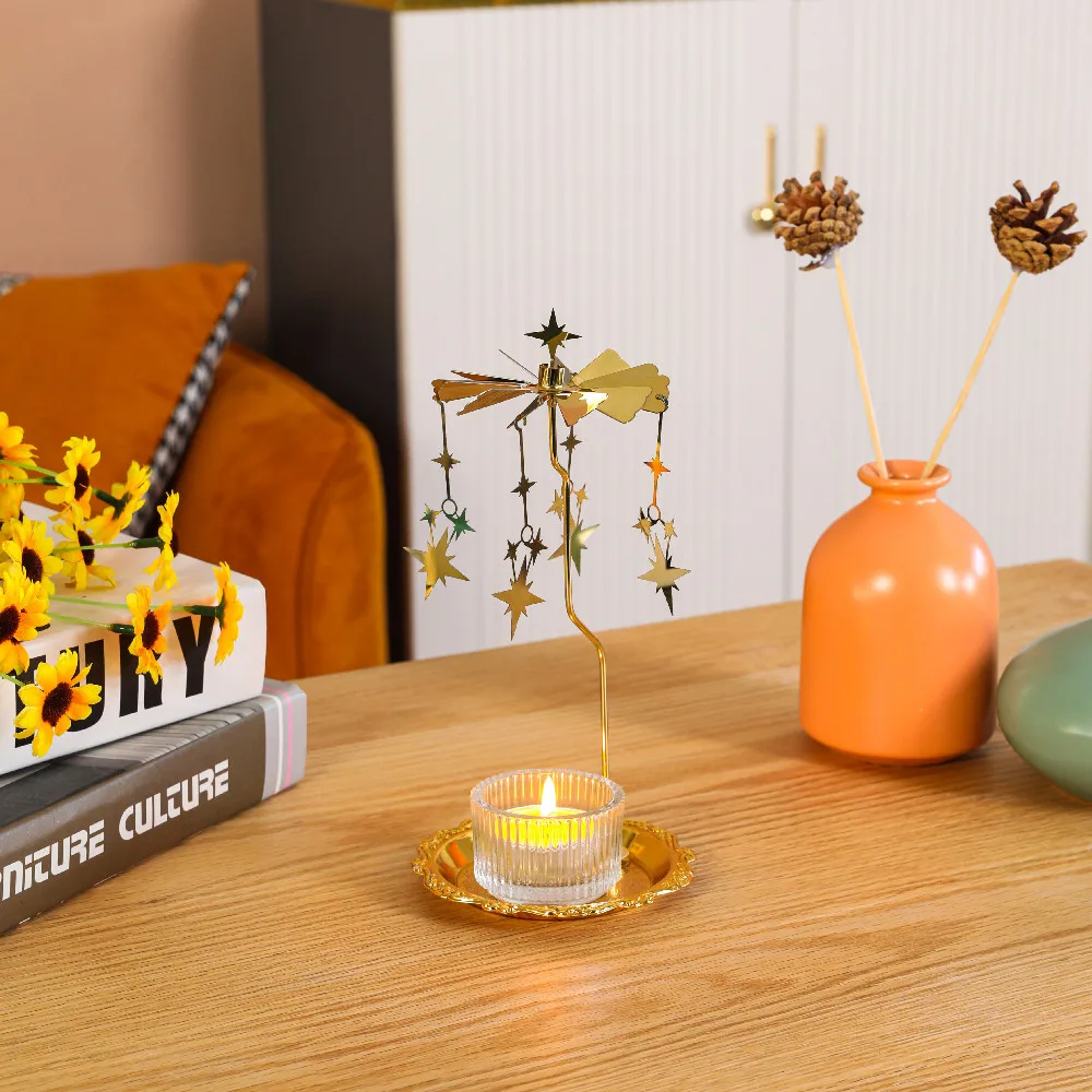 Spot Holiday Gift Aromatherapy Gold 15CM Stainless Steel Pattern Tray Rotating Candlestick Marquee