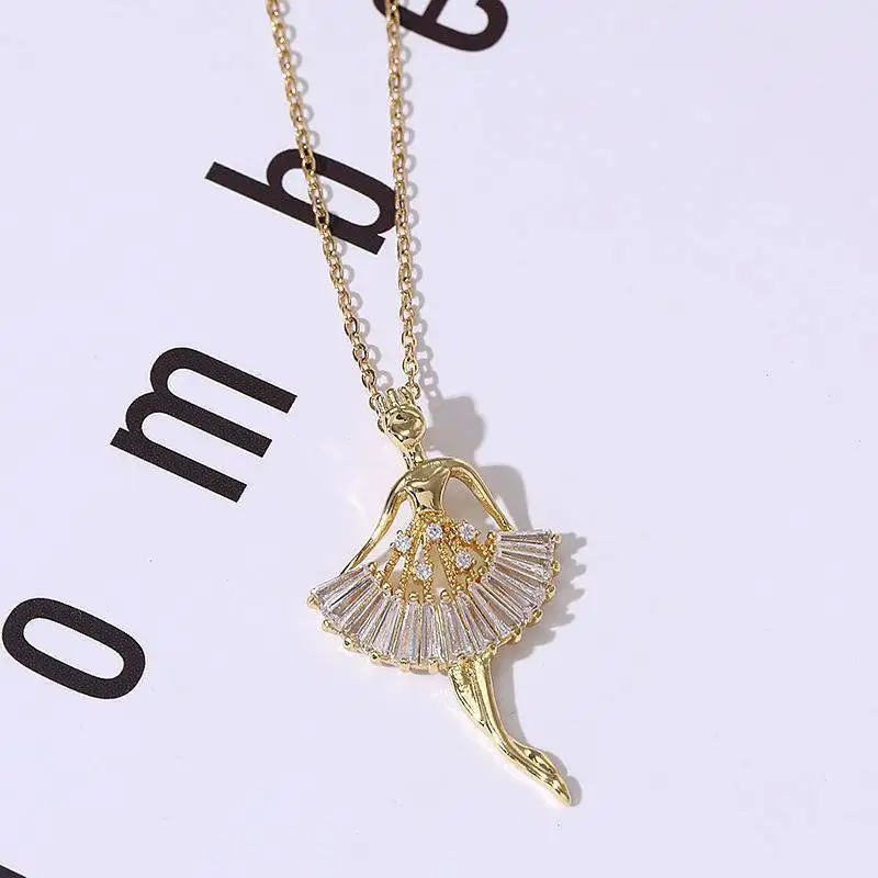 Sweet Ballerina Girl Crystal Zircon Pendant Necklaces for Women Elegant Fashion Ladies Sexy Stainless Steel Jewelry Gift