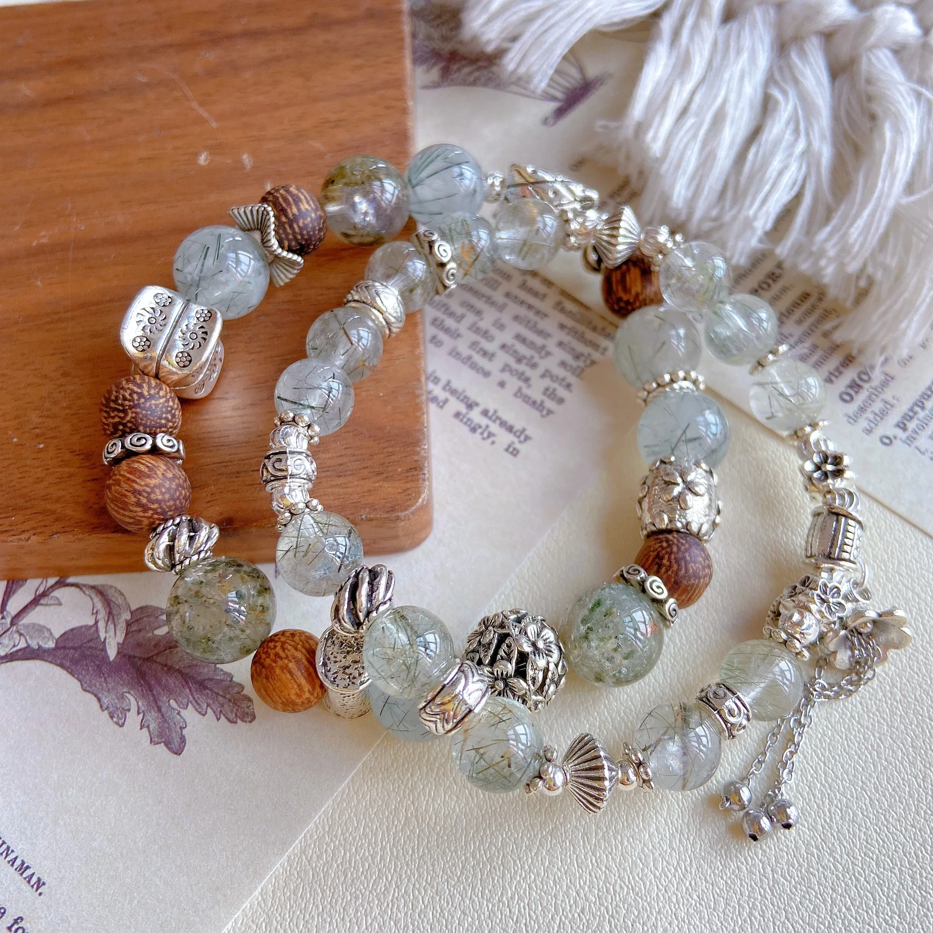 Chinese Style Lucky Blessing Green Rutilated Quartz Wenge Wood Double Layer Beaded Bracelet Vintage Good Fortune Wealth Attracti