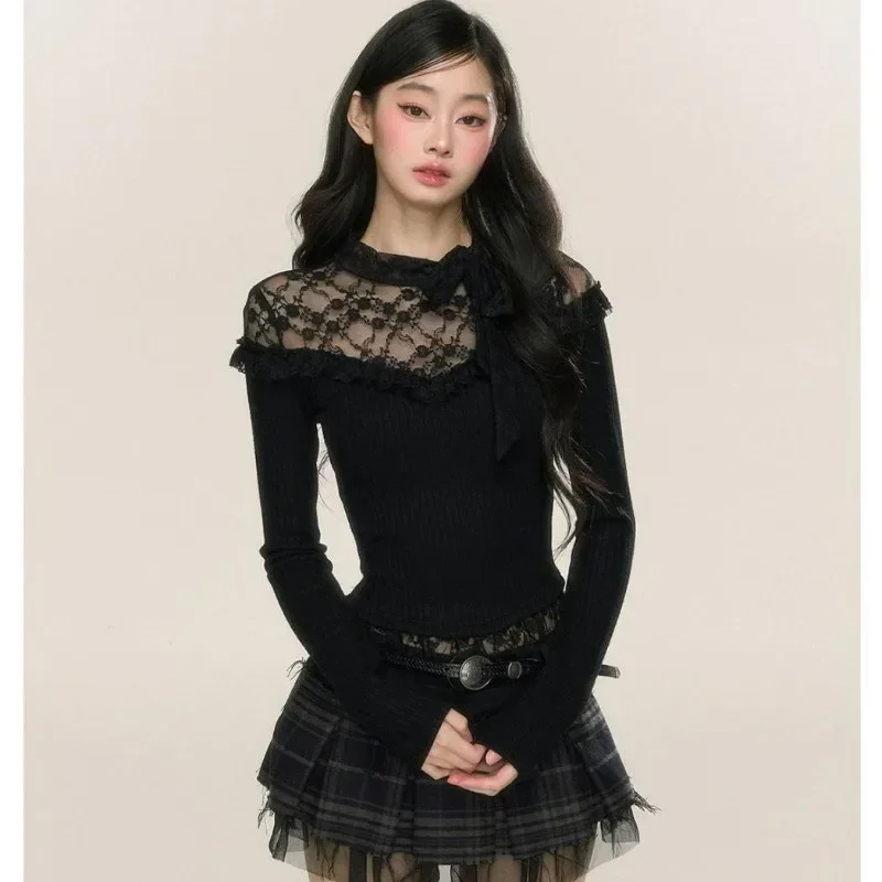

Y2k Black Lace Women Sweater See Through Vintage Harajuku Korean Fashion Knit Pullovers Gyaru Sweet Slim Autumn New