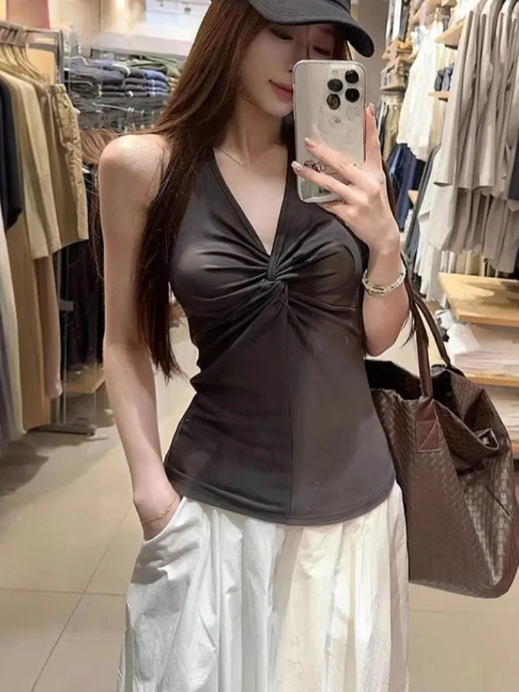 Y2k Aesthetic Casual Halter Stripe Tank Top Women Streetwear Slim Fit Pleated Crop Tanks Harajuku Grunge Vintage Solid Camisole
