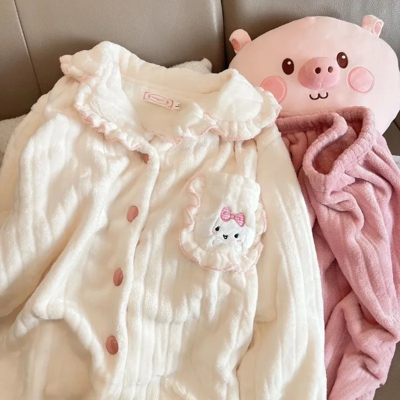 ชุดนอนผ้าคอรัลฟลีซสำหรับเด็กผู้หญิง ฤดูใบไม้ร่วง ฤดูหนาว ลายการ์ตูนน่ารัก ผ้าฟลานเนลหนานุ่ม อุ่นสบาย ลายซินนามอนโรล ชุดนอนนักเรียนทรงหลวมใส่สบายอยู่บ้าน