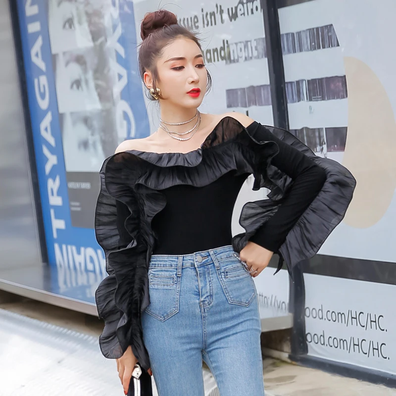 Korean Fashion Spring Women Slim Long Brtterfly Sleeve Slash Neck Ruffles Blouse Sexy Shirts Ladies Tops Mujer Fall T-shirts New