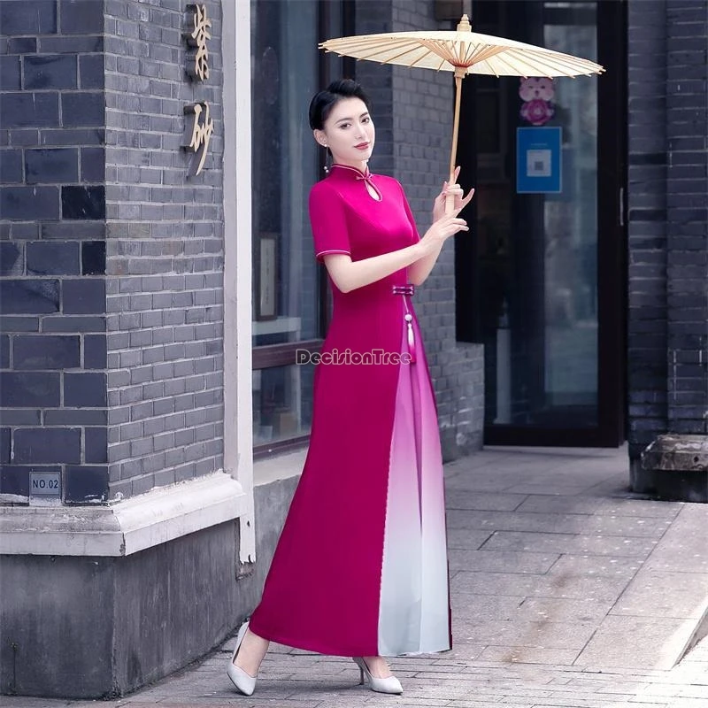 2024 chinese style short sleeve stand collar cheongsam new dance costume vietnam aodai two-layer design long loose dress b146