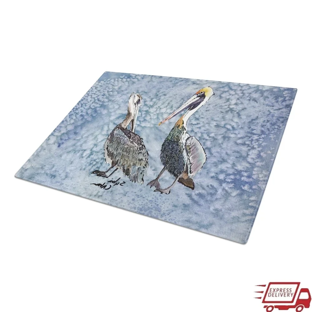 

Double Trouble Pelicans Cutting Board Tempered Glass Large Heat Resistant Non Skid Feet Kitchen Decor Multicolor Countertop