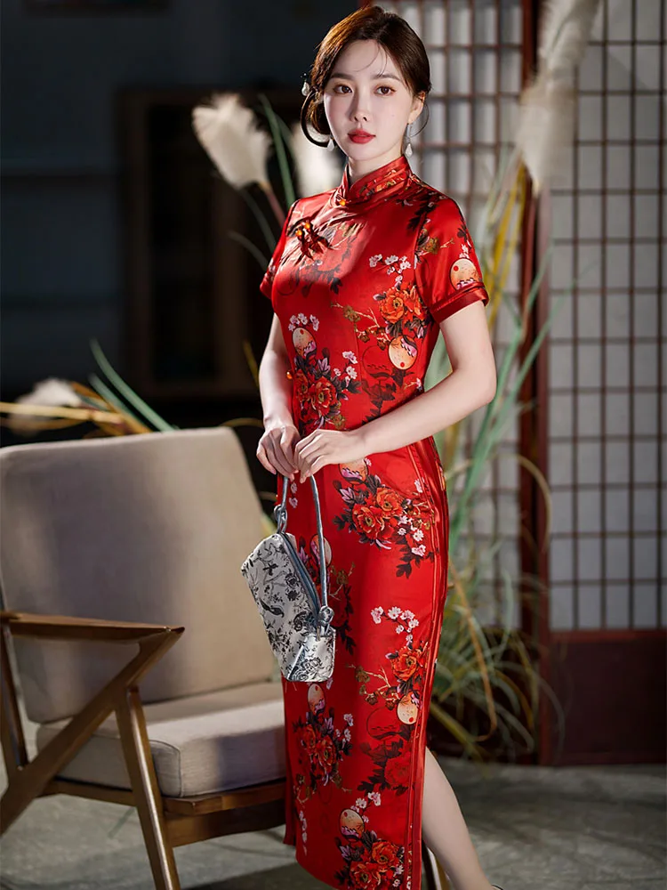 Yourqipao Summer 2023 Long Slim Silk Cheongsam Catwalk Red Fashion Elegant Print Qipao Chinese Style Evening Dress for Women