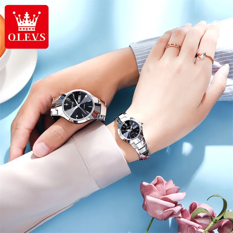 Olevs moda masculina feminino relógios casal itens para amantes relógio de quartzo de aço de tungstênio data à prova dwaterproof água seus dela relógio reloj