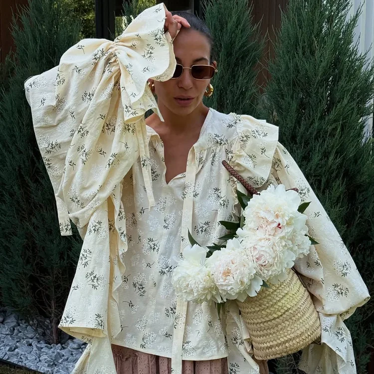 

Осенняя мода 202, свободная женская рубашка с принтом, повседневные рубашки с круглым вырезом и длинными рукавами, элегантные классические топы с рюшами, женская одежда