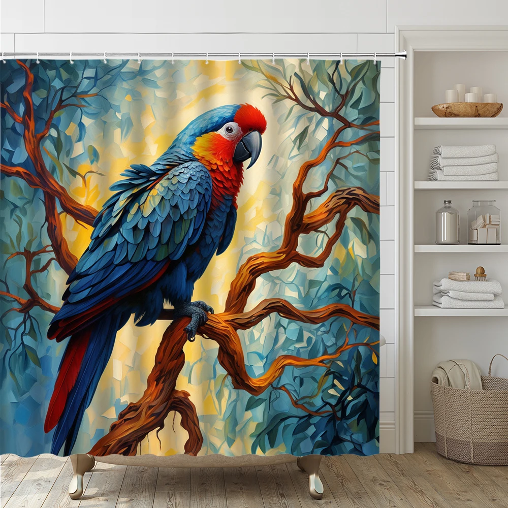 Blue Parrot Bird Shower Curtain Set Bathroom Screen Abstract Tree Branch Scenery Flannel Non Slip Bath Mat Toilet Lid Cover Rug